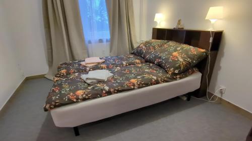 a futon bed with a blanket and pillows on it at Apartament Pola in Piła