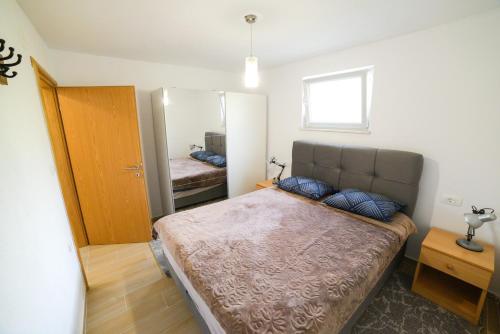 a bedroom with a large bed and a mirror at Apartman Šarabaća in Bajagić