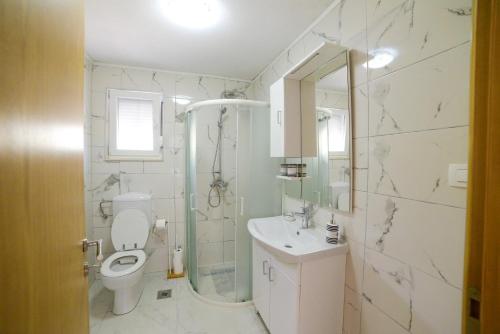 a bathroom with a toilet and a shower and a sink at Apartman Šarabaća in Bajagić