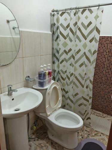 a bathroom with a toilet and a sink and a shower at La Bottega Pension House in Roxas