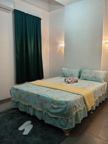 a bedroom with a large bed with a green curtain at La Bottega Pension House in Roxas