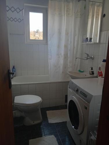 a bathroom with a toilet and a washing machine at Kleopa in Pale