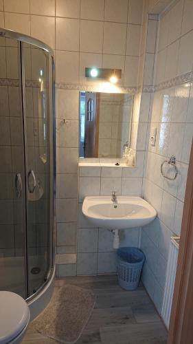 a bathroom with a sink and a shower at Tyrolczyk in Szklarska Poręba