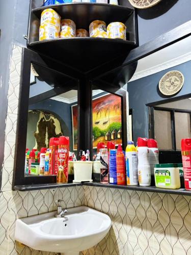 a bathroom with a sink and a shelf with toiletries at Esther Villas Home in Boma la Ngombe