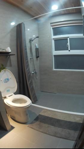 a bathroom with a toilet and a shower at On Board Hostel in Manzhou