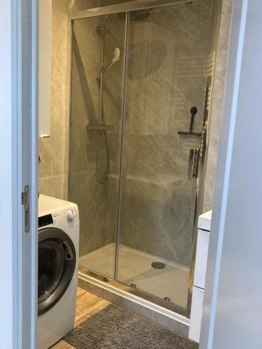 a shower with a glass door next to a washing machine at Studio Vintage avec cheminée décorative in Villefranche-sur-Saône