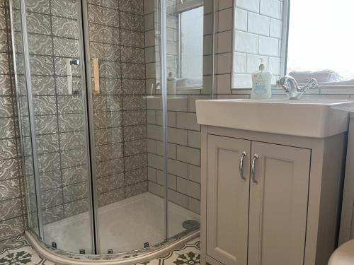a bathroom with a shower and a sink at The Stables At Cae Gwyn in Ruthin