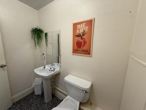 a bathroom with a toilet and a sink and a picture of an apple at Glen Allan Hotel in Blackpool