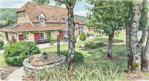 a painting of a house with a garden at Ancienne grange rénovée avec piscine in Vaillac