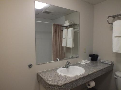 ein Bad mit einem Waschbecken und einem Spiegel in der Unterkunft Rodeway Inn in Sudbury