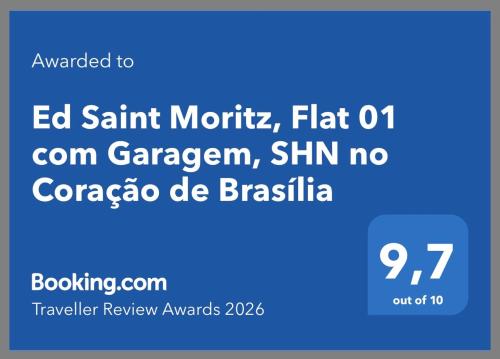a screenshot of a cell phone with the words ed santini flat oh at Ed Saint Moritz, Flat 01 com Garagem, SHN no Coração de Brasília in Brasília
