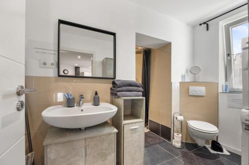 a bathroom with a sink and a toilet and a mirror at Heide Ferienwohnung Nord Nr-1 in Schneverdingen