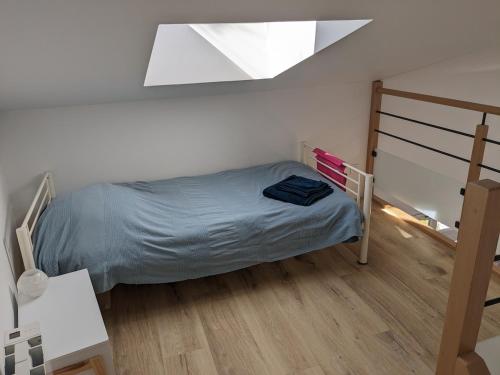 Penuel Tiny House في غرانفيل: غرفة نوم صغيرة بها سرير ونافذة سقفية