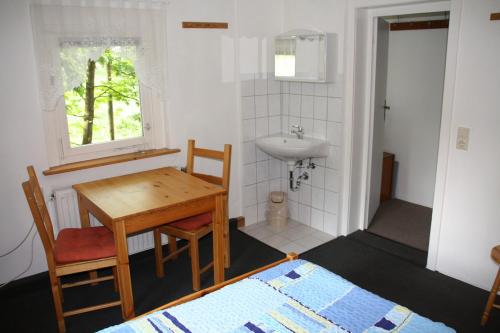 a small bathroom with a table and a sink at Pension Haus Pentacon in Kurort Altenberg