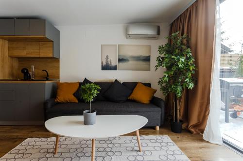 ein Wohnzimmer mit Sofa und Tisch in der Unterkunft Moon Montana Busteni in Buşteni