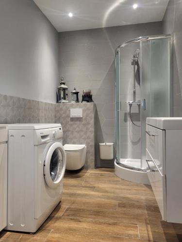a bathroom with a washing machine and a shower at Apartament Milena in Kruszyn