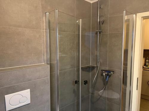 a shower with a glass door in a bathroom at Haus Seeschwalbe - Wohnung 07 in Spiekeroog