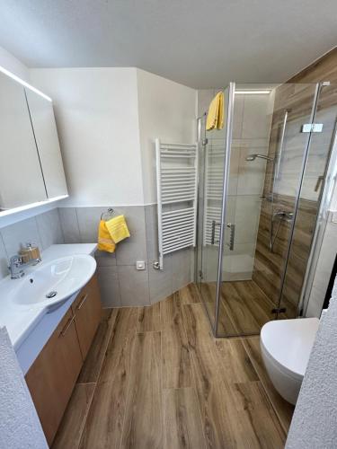 a bathroom with a shower and a sink and a toilet at Chalet Sunstar in Saas-Grund