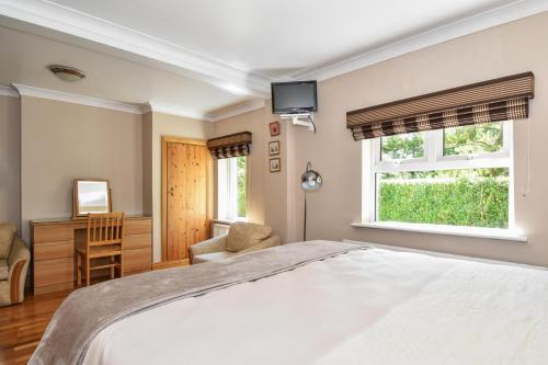 a bedroom with a bed and a desk and a window at Mannin Lodge in Ballyconneely