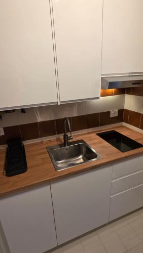 a kitchen with a stainless steel sink and white cabinets at La Casa di Draf Appartamento Humanitas IEO Forum in Rozzano