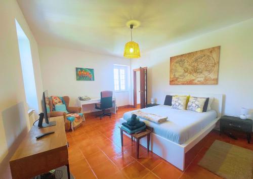 a bedroom with a bed and a desk in it at Solar Alegria Lodge in Oliveira de Frades