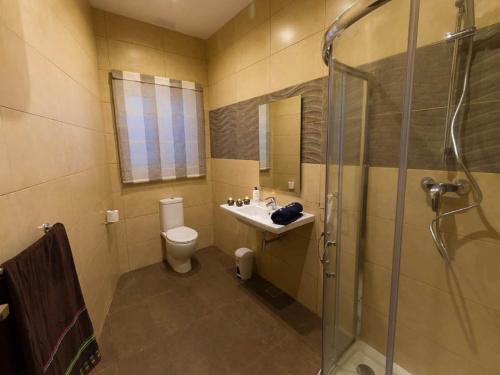 a bathroom with a shower and a toilet and a sink at Belle Apartments in St. Julianʼs