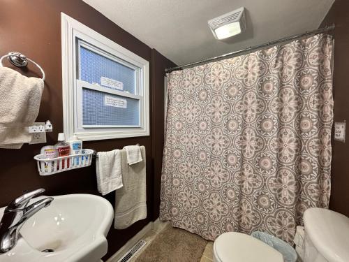 a bathroom with a sink and a shower curtain at The Wellington Lake Cottage in Middlebury