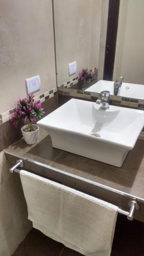 a bathroom with a white sink and a mirror at paraíso lomas in San Antonio de Arredondo