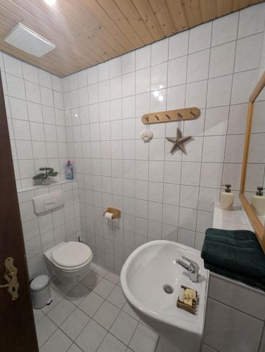 a white bathroom with a toilet and a sink at Ferienwohnung Naturparadies Gnitz in Lütow