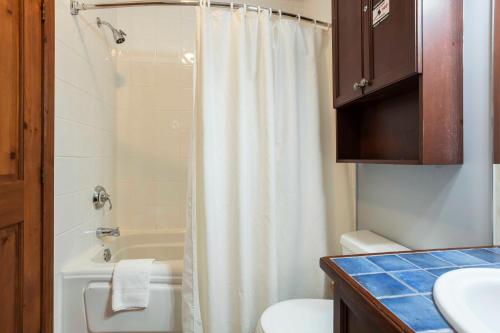 a bathroom with a shower and a toilet and a sink at Cap Tremblant in Mont-Tremblant