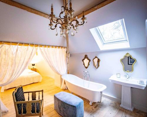 a bathroom with a tub and a bed and a chandelier at Château de Najade in Sainte-Sévère-sur-Indre