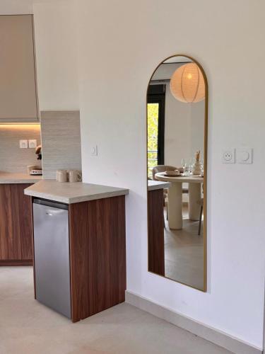 a kitchen with a mirror and a sink and a table at Ambre du lagon in Saint-Pierre