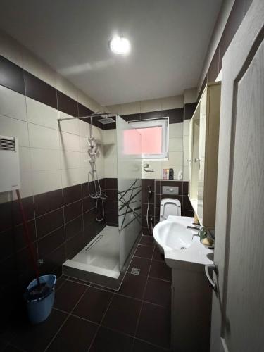 a bathroom with a sink and a tub and a toilet at Apartman Tajchi in Sarajevo