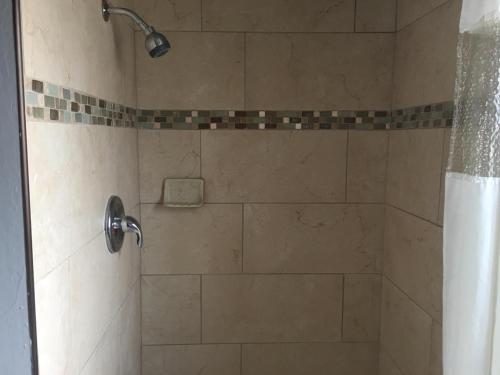 een douche met een douchekop in de badkamer bij Townhouse Motel - West Sacramento in West Sacramento