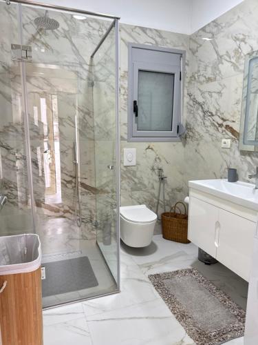 a bathroom with a shower and a toilet and a sink at Mediterranean Villa Old Town in Vlorë