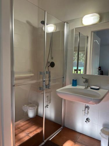 a bathroom with a sink and a shower at MUSEO GAR-Hotel in Certosa di Pavia
