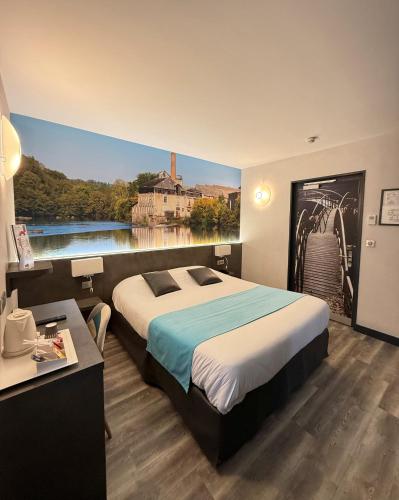 a hotel room with a bed and a painting of a river at The Originals City, Hôtel Le Boeuf Rouge, Saint-Junien in Saint-Junien