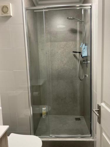 a shower with a glass door in a bathroom at The Tarp at Whale Cove in De Kelders