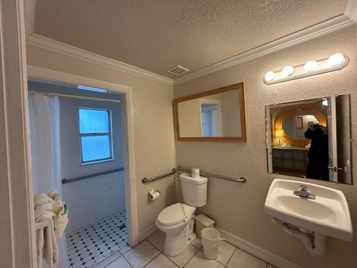 a bathroom with a toilet and a sink and a mirror at Sea Vista Motel in New Smyrna Beach