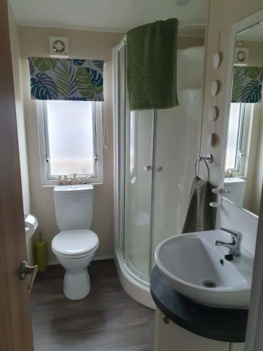 a bathroom with a toilet and a sink and a shower at Jasper Lodge in Morecambe