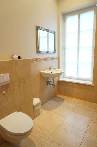 a bathroom with a toilet and a sink and a window at Kambarys prie vynuogyno in Pikeliškės