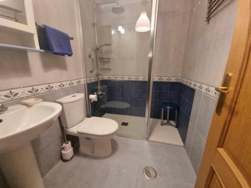 a bathroom with a shower and a toilet and a sink at Apto Marita – Nueva de Llanes cerca de la Playa in Nueva de Llanes