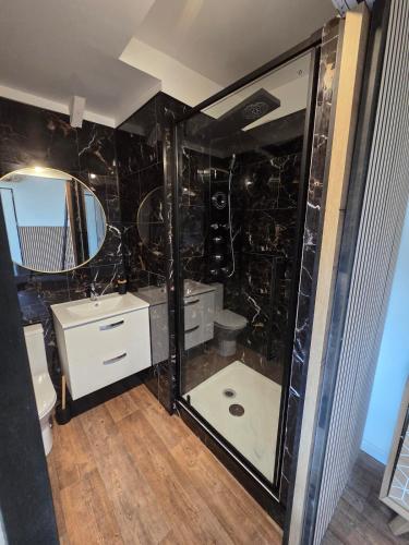 a bathroom with a sink and a mirror at la cabane de la régalante in Rannée
