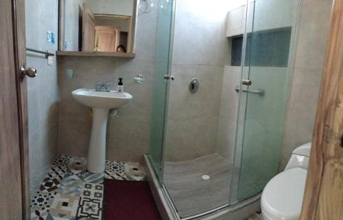 a bathroom with a shower and a sink and a toilet at Rodadero brisas marinas in Gaira