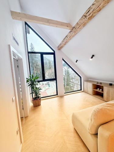 a large room with a bed and large windows at Wild Rose in Borşa