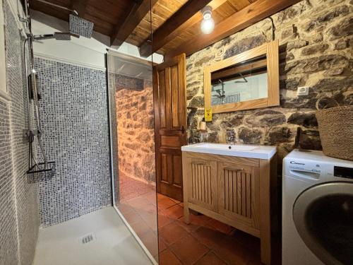 a bathroom with a shower and a sink at Cabaña Los Picones in Pisueña