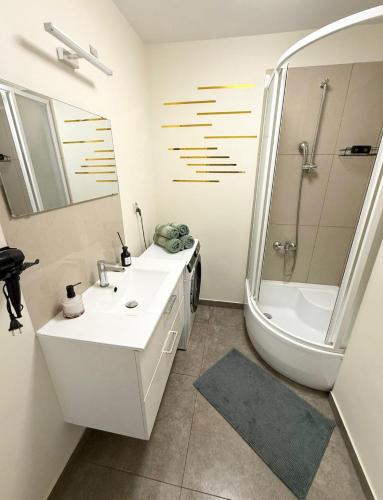 a bathroom with a sink and a shower and a mirror at Chmielna Residence in Warsaw