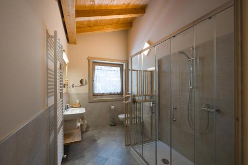 a bathroom with a glass shower and a sink at Alpen Chalet - Charme Mountain Hotel - in Schilpario