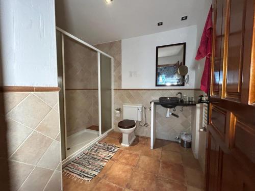 a bathroom with a shower and a toilet at Casa Rural Mirabueno in Cuenca