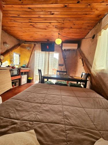 a bedroom with a bed and a table in a room at ECOCABAÑAS CERRO ARKO in Mendoza